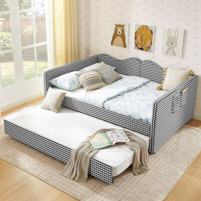 Lit de jour double, lit de jour rembourré en vichy équipé d'un cadre gigogne escamotable et d'une poche de rangement latérale, canapé-lit multifonctionnel en bois massif pour chambre d'enfant et chambre d'amis