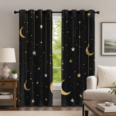 2Pcs Black and Gold Celestial Curtains, Starry Night Sky Theme Drape, Modern Minimalist Crescent Moon and Hanging Stars Pattern Printed Grommet Drapes, Window Treatment for Bedroom Living Room Home Decor