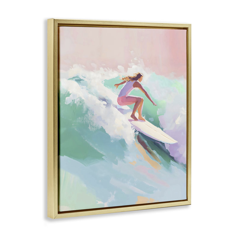 Cadre flottant Surfer Girl Rider Waves, design par The Prints Vibe, 21 x 17, Cadre flottant métallique doré
