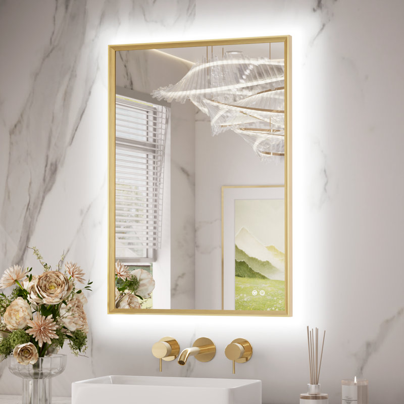 LED Bathroom Mirror with Backlit,Bathroom Vanity Mirror, Metal Framed Beveled Edge, 3 Color Lights, Safe Defogging, Gold