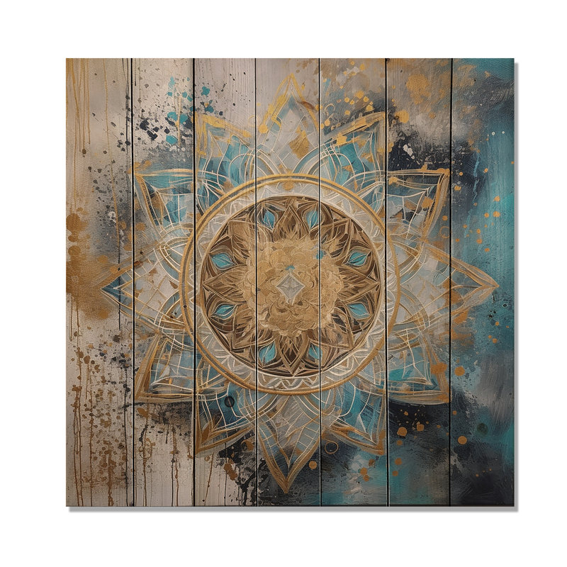 Blue And Gold Mandala II - Boho Mandala Print on Natural Pine Wood, 30" H x 30" W x 0.78" D