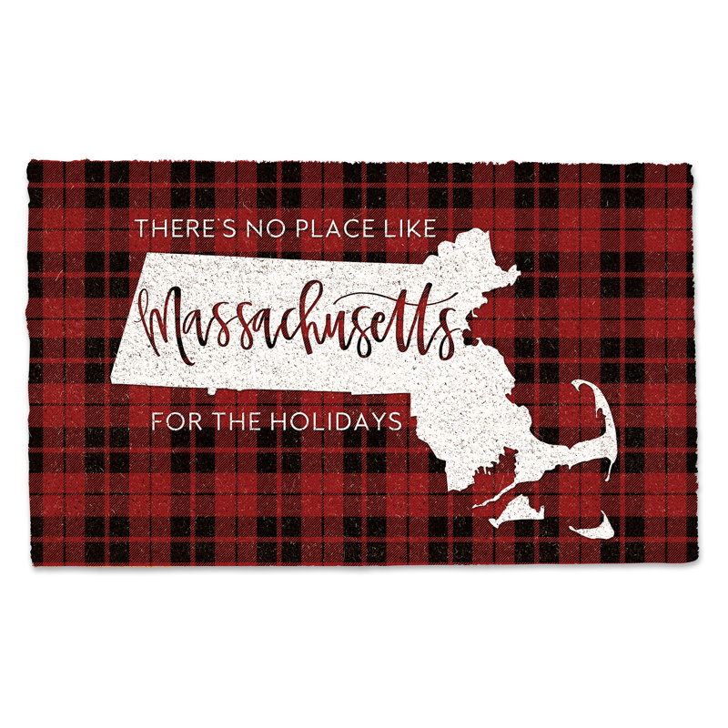 Massachusetts Holiday Red and Black Plaid Outdoor Coir Door Mat