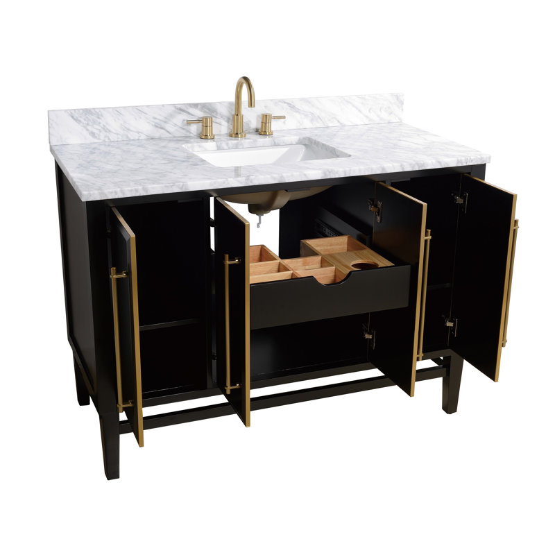 Ensemble de meuble-lavabo simple 49 po avec miroir Ewen, Noir, Or mat, Blanc de Carrare