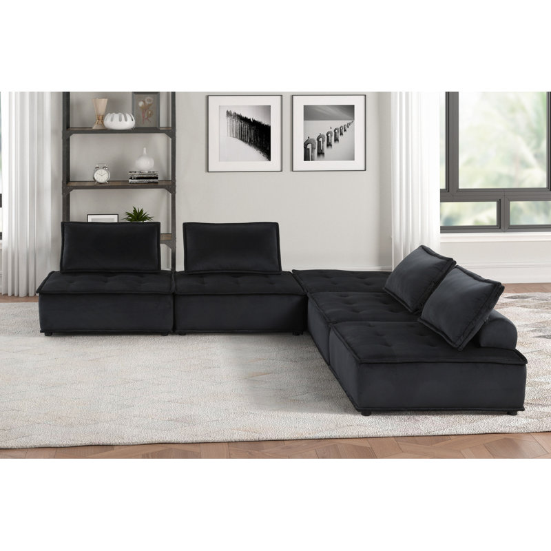 Canapé modulaire, modulaire 5 pièces 120 po en velours noir, conception modulaire avec repose-pieds inclus