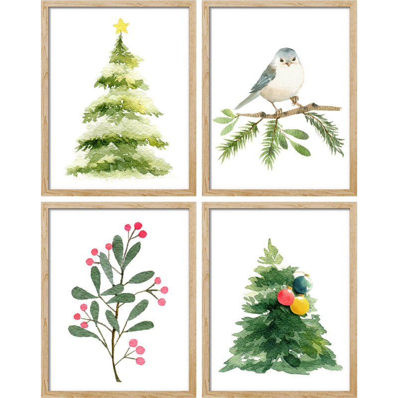 «Christmas Tree Pine Tree Bird Forest Forest», impression sur papier 4 pièces, Naturel, H 10 po x l 8 po