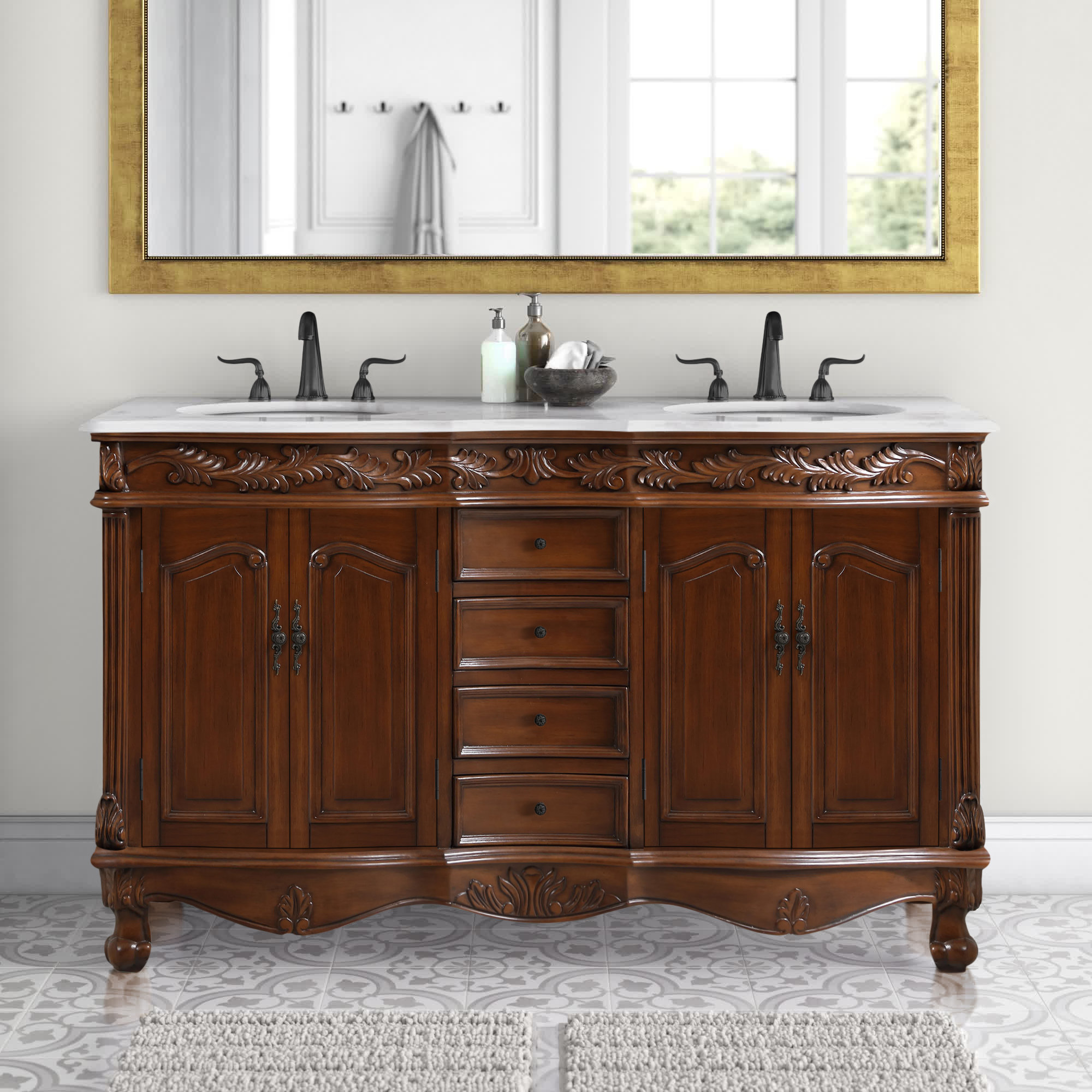 Marble and Nickel Sink Vanity with Vintage Glass Shelf