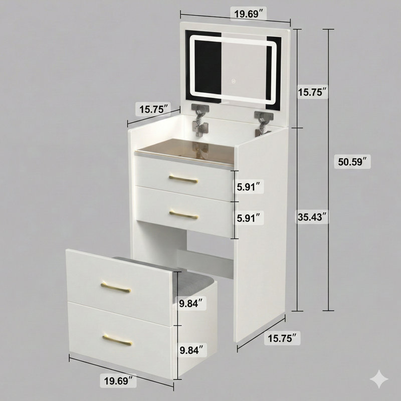 Bureau de coiffeuse 3 en 1 avec miroir relevable. Un petit ensemble de coiffeuse à maquillage présentant un bureau en verre visible, une conception compacte avec trois tiroirs. Sert de coiffeuse pour les chambres à coucher.