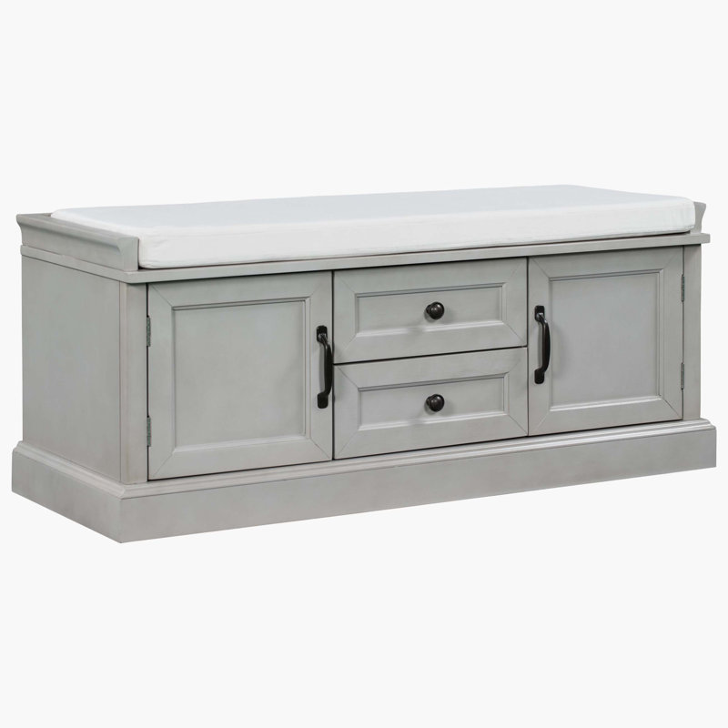 Storage Bench With 2 Drawers And 2 Cabinets, Shoe Bench With Removable Cushion For Living Room, Entryway, Gray Wash