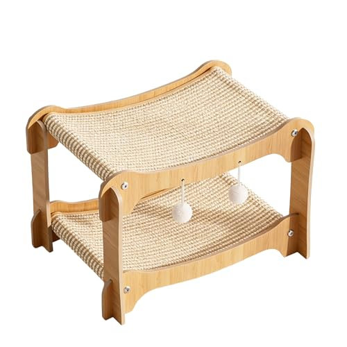 Lit pour chat à deux étages, salon à griffer pour chat en bois à 2 niveaux avec jouets à billes suspendus, hamac en sisal naturel pour l'intérieur