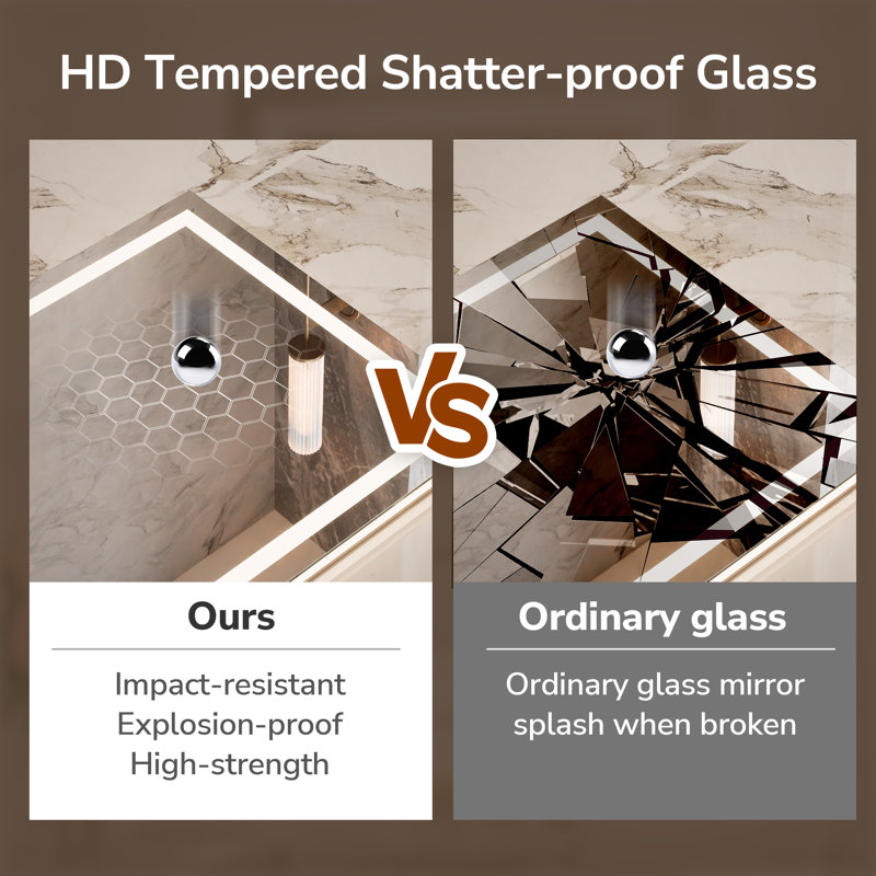 Cardier Front and Backlit Wall Mount Bathroom LED Vanity Mirror with 3-Color Adjustment, Shatterproof, Tempered Glass