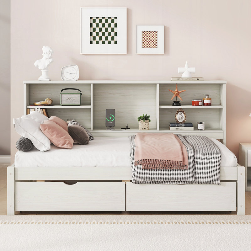 Bed Frame With Side Bookshelves, Two Drawers, And Built-in USB Port, Creamy White
