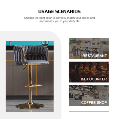 Tabourets de bar en velours de luxe avec base en métal doré, chaises de bar pivotantes à hauteur réglable avec accoudoirs pour îlot de cuisine, bar, décor de maison moderne (gris) (ensemble de 2)