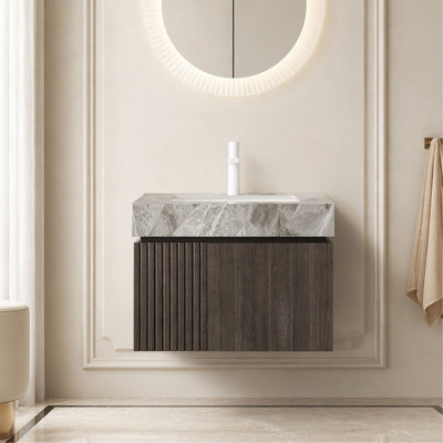 Meuble-lavabo 24 po, meuble de rangement flottant en contreplaqué avec 2 portes, comptoir en pierre frittée gris clair et lavabo en céramique avec 1 trou de robinet pré-percé, pré-assemblé