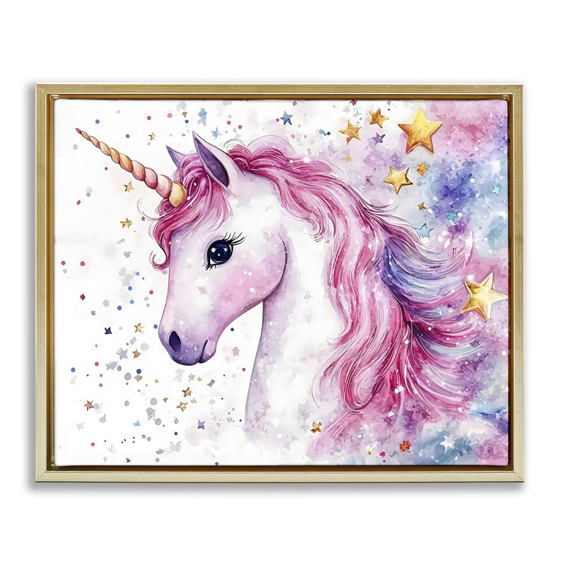 Licorne à crinière rose avec cadre flottant étoiles, design Creative Studio, Cadre flottant métallique doré