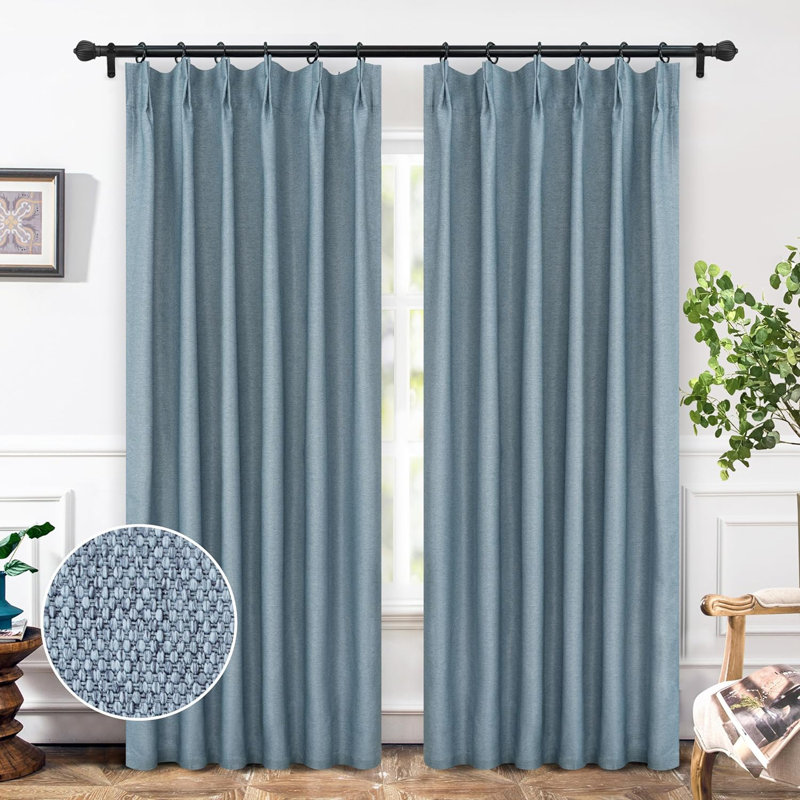 Kassia Pinch Pleated Faux Linen Textured Blackout Thermal Insulated Curtains, Dusty Blue, 42" W x 84" L