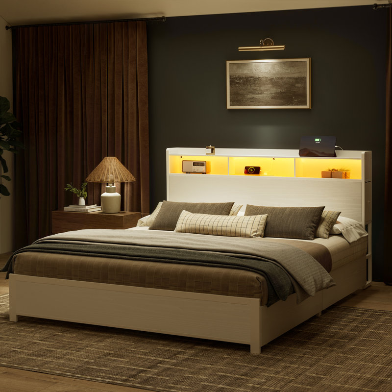 Lit Livia Queen avec 2 tiroirs sous le lit, lit plateforme moderne avec station de recharge et lumière DEL, tête de lit avec rangement, 2 tiroirs de chevet et étagères ouvertes, blanc