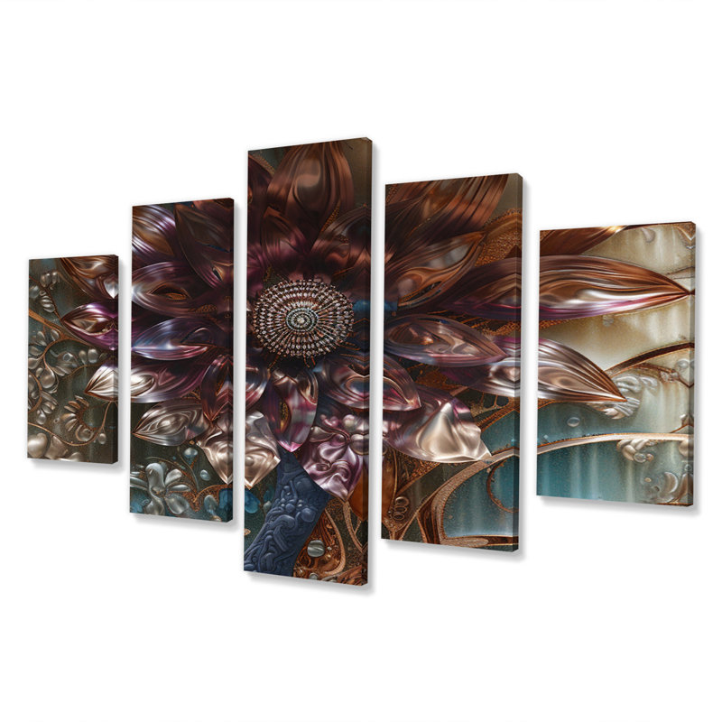 Mystérieuse fleur de dahlia rétro sur turquoise II - Dahlia Wall Art Living Room - 5 panneaux