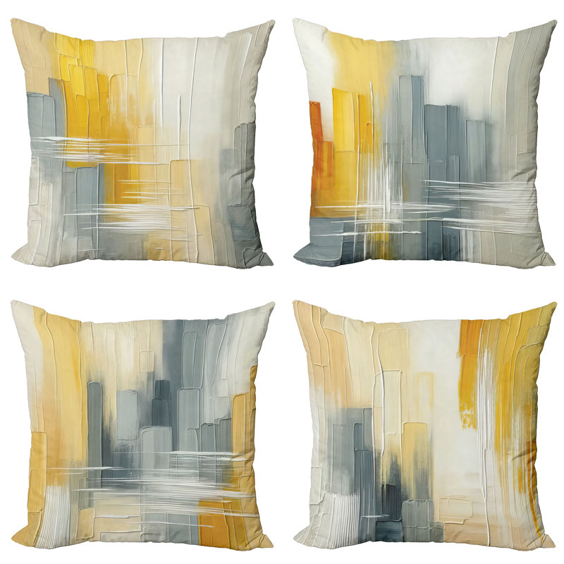 Abstract Yellow and Gray Polyester Square Throw Pillow Set