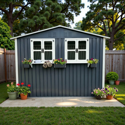 Ventilated Practical 6x9 FT Outdoor Metal Storage Shed with Window & Flower Rack, Lockable Double Doors Tool Shed, Waterproof Weatherproof Garden Shed for Backyard Patio