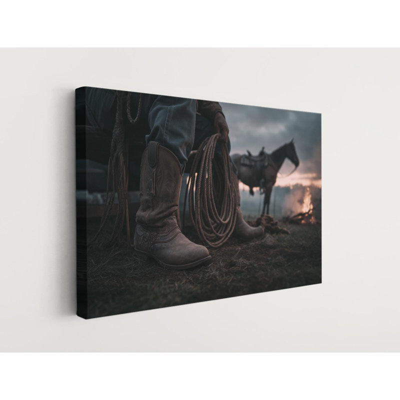 Art mural rustique, bottes de cowboy - scène de feu de camp dans un ranch de l'Ouest, H 20 po x l 30 po