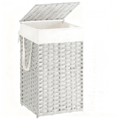 Panier à linge en rotin synthétique avec couvercle et doublure amovible, panier à linge pliable de 17,2 gallons (blanc)