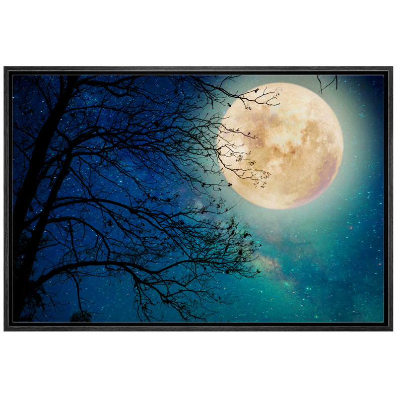«Harvest Moon In Teal Sky With Trees», cadre flottant, impression sur toile, Cadre noir, H 24 po x l 36 po x P 1,5 po