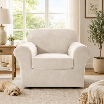 Housse 2 pièces pour fauteuil en velours extensible avec housse de coussin