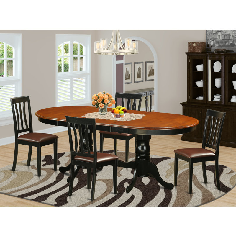 5 Piece Dining Room Furniture Set Includes an Oval Kitchen Table with Butterfly Leaf and 4 Faux Leather Dining Chairs, Black & Cherry