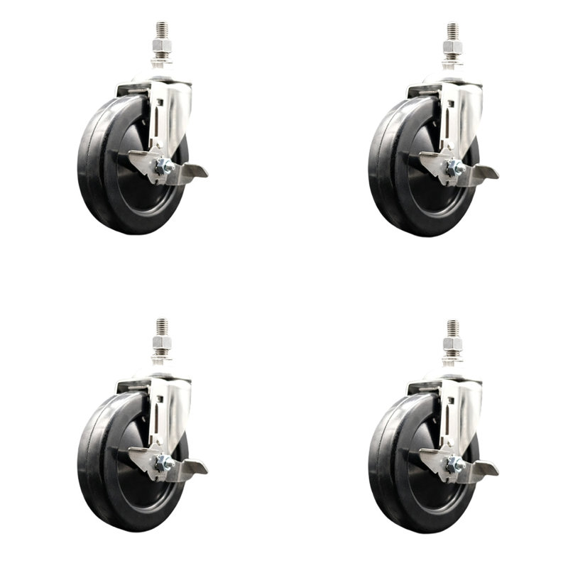 316SS Soft Rubber Wheel Swivel Threaded Stem Caster Set Brake