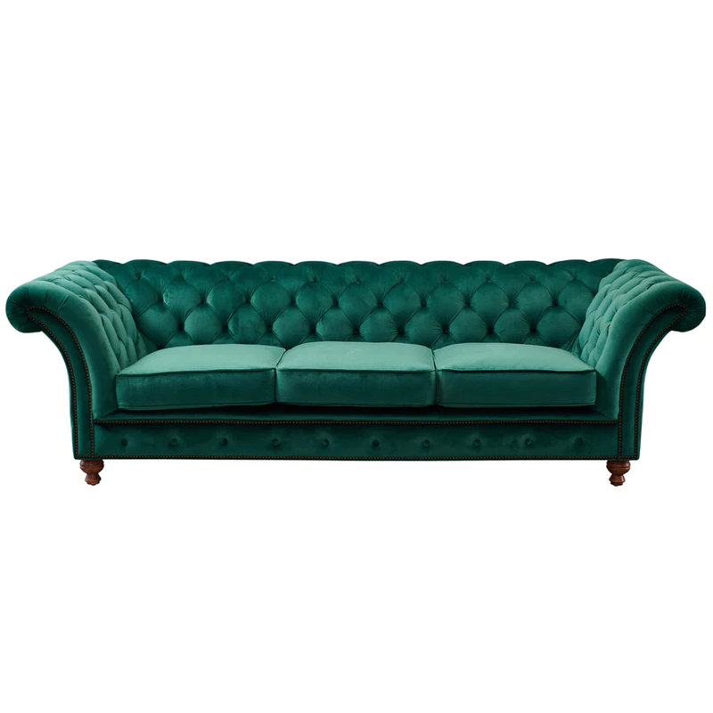 Jarique 98" Velvet Rolled Arm Chesterfield Sofa, Green Velvet