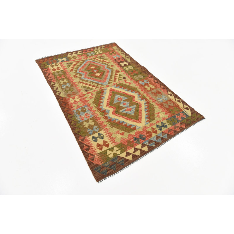 Tapis de zone en laine beige/brun/vert/rouge 3 pi 3 po x 4 pi 11 po one-of-kind à la main noué la Doorfield