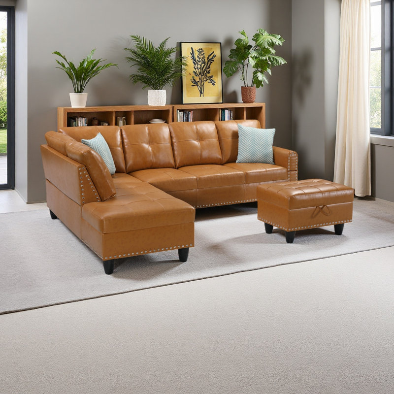 Faux Leather L - Shaped Sectional With Storage & Cup Holders, Ginger