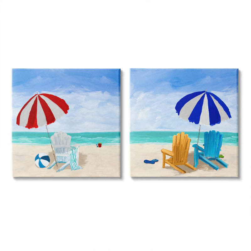 «Beach Chairs At Shore Summer Nautical Scene» par Julie Derice - ensemble de 2 impressions sur bois, Toile tendue