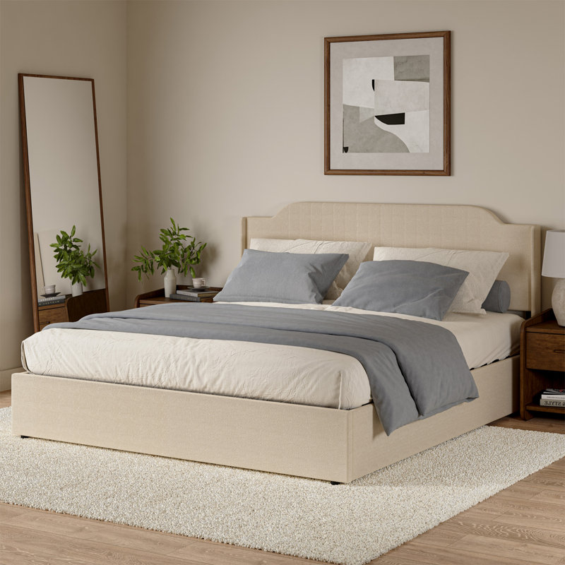 Lizette 80.5" Hydraulic Lift Up Storage Upholstered Platform Bed with Wingback Headboard, Beige