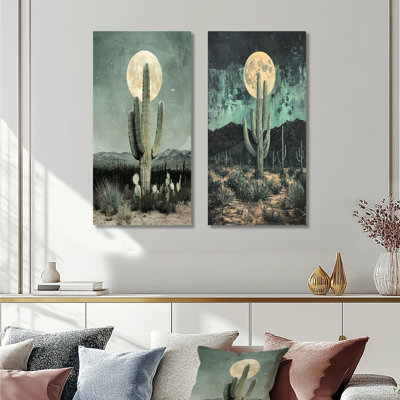 Cactus au clair de lune I - Collection d'art floral sur toile 2 panneaux