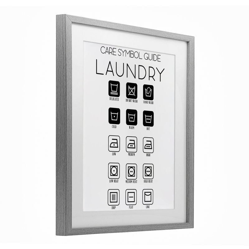 «Laundry Care Symbole Guide», impression encadrée sous verre, conception par SD Graphics Studio, Cadre de ferme gris
