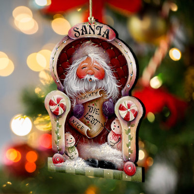 Santa Checking His List Wooden Ornament by J. Mills-Price