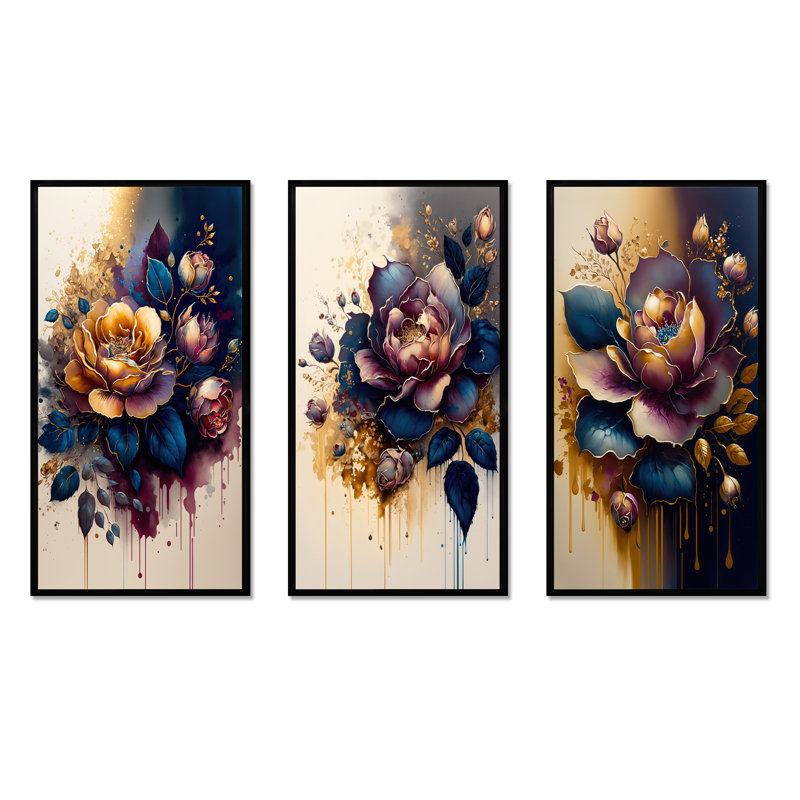 «Night Shade Rose Design», ensemble de 3 pièces d'art floral et botanique, Noir, H 40 po x l 60 po