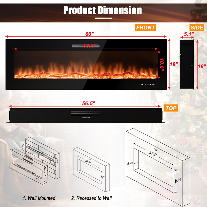 Datus Black Electric Fireplace Insert, 19" H x 60" W x 5.1" D