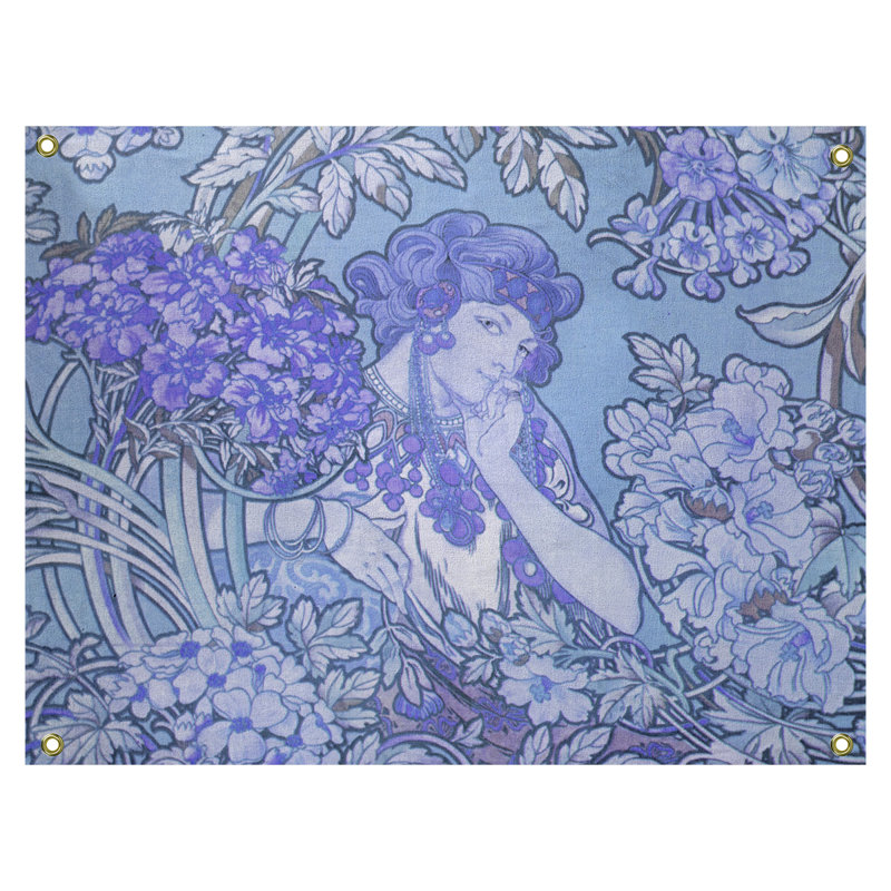 Femme entre des fleurs tapisserie Magdaleno, H 37,5 po x l 27,5 po, Bleu