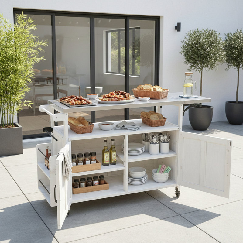 Foldable Outdoor Kitchen Island With Lockable Wheels And Towel Rack, White