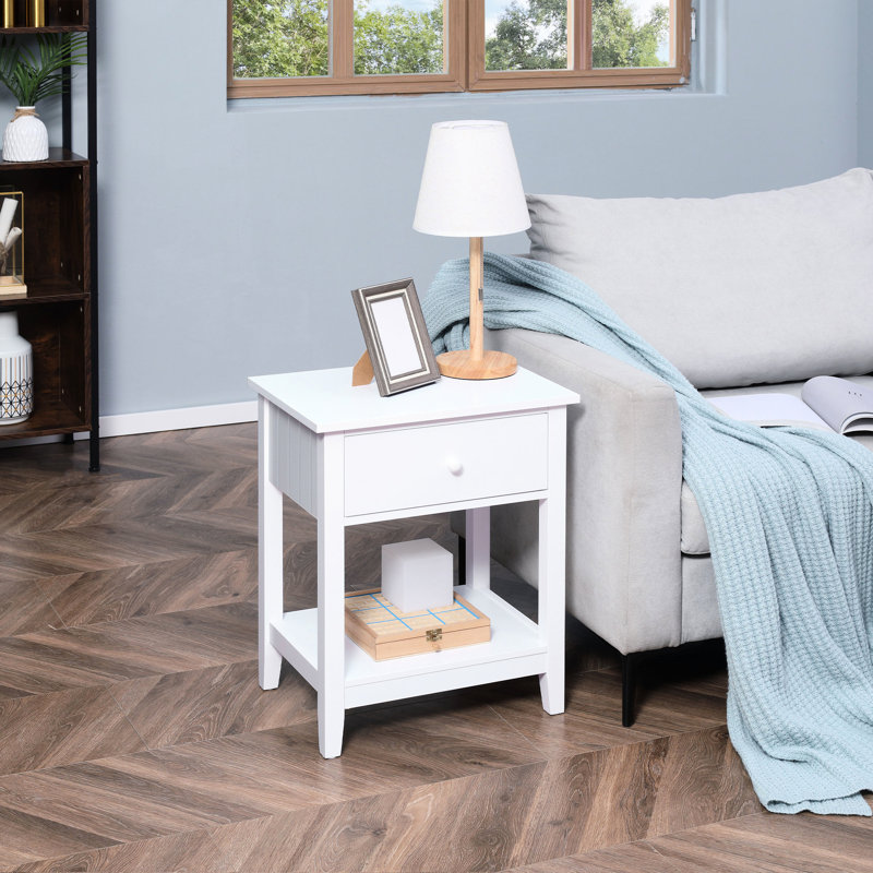 2 Drawer Side Table, Modern White End Table For Bedroom, 23.5 Inches Tall With And Shelf, 23.5'' Height