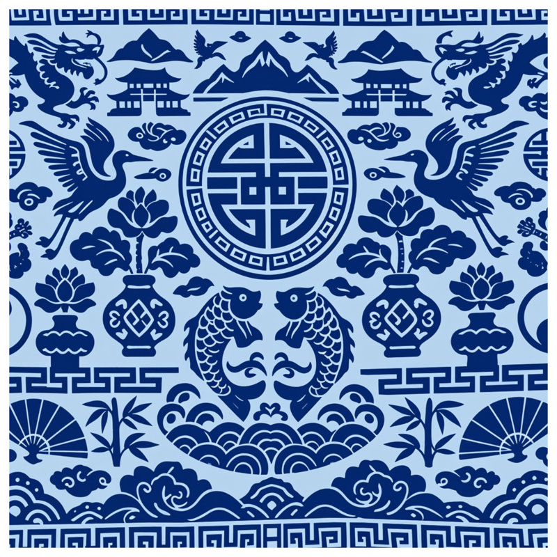 Blue Asian Motif Comforter, Twin Extra Long