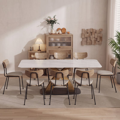 71" Modern Rectangular Sintered Stone Dining Table with Stainless Steel X-Base, White Marble Vein Finish, Rounded Corners