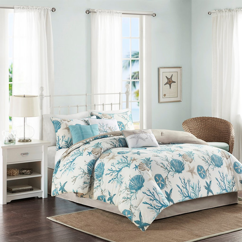 Édredon 7 pièces en coton pour très grand lit - avec coquillages imprimés, étoiles de mer, coraux et imprimé luxueux