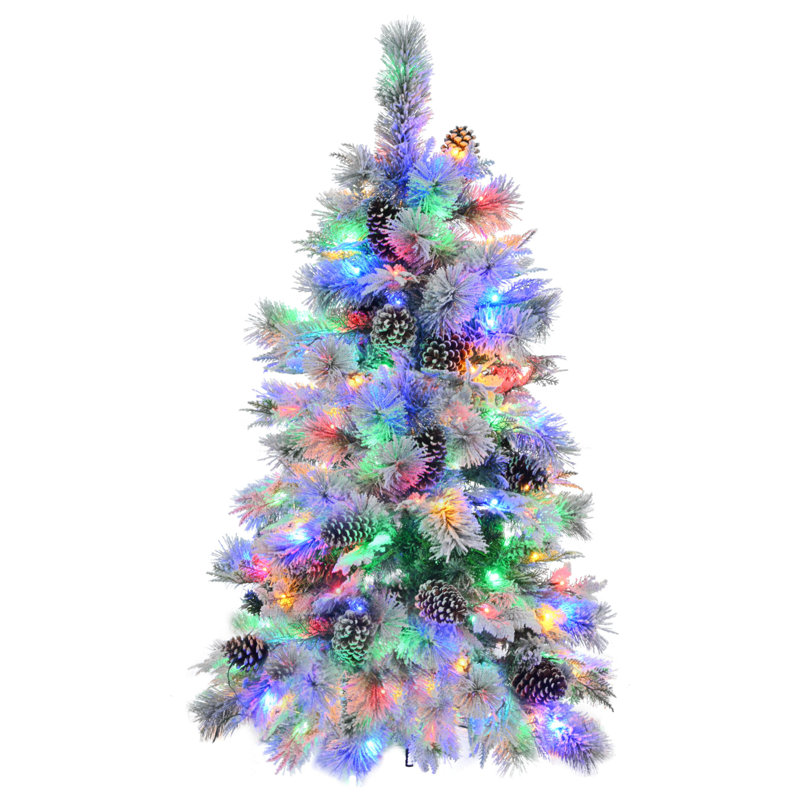 4FT Prelit Snow Flocked Spruce Christmas Tree with Pine Cones and Multi-Color LED Lights