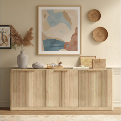 Natural Wood Sideboard Cabinet Farmhouse Buffet Cabinet with Slatted Doors & Adjustable Shelf, Wood Coffee Bar Storage Station for Kitchen, Dining Room, Living Room, Entryway