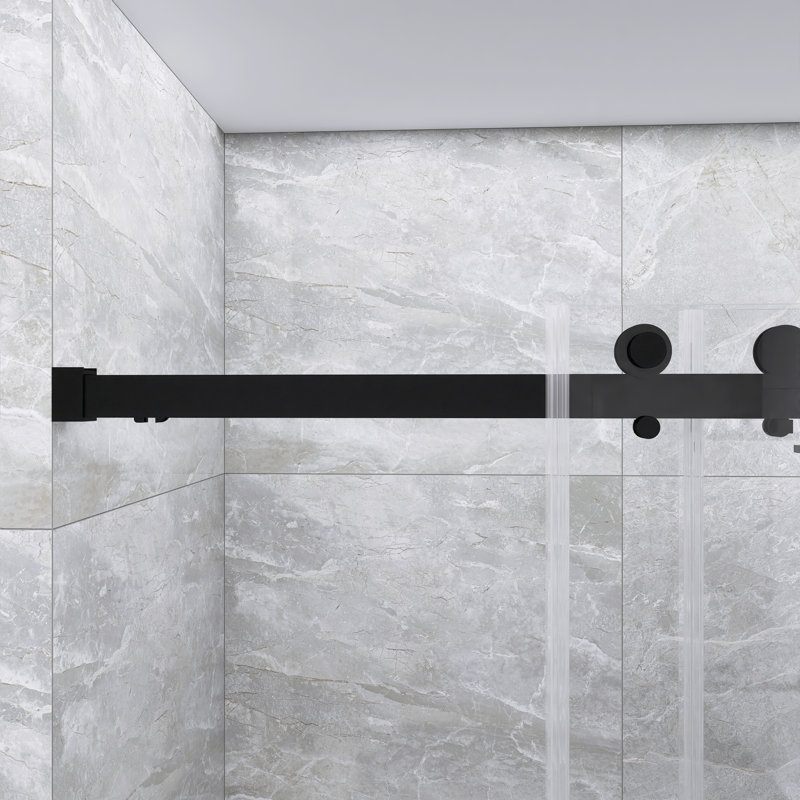 Porte de douche coulissante double sans cadre l 56 à 60 po x H 70 po, verre trempé clair de 8 mm de diamètre avec couche de finition facile à nettoyer, noir mat avec système de tampon