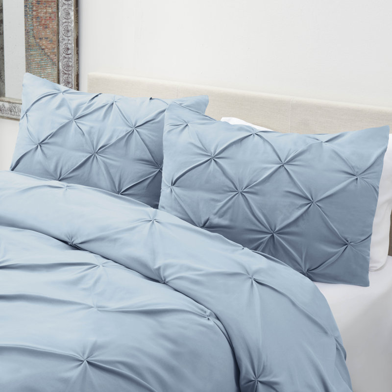 Double Brushed Pleated Duvet Cover Set, Ice Blue, Queen Duvet Cover + 2 Standard Pillowcases
