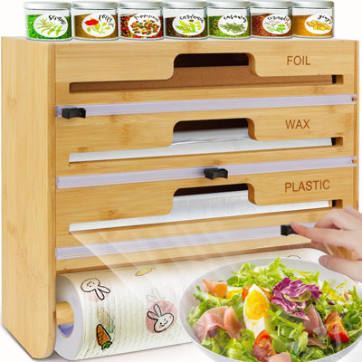 5 In 1 Plastic Wrap Food Dispenser With Cutter For 12" Wax Paper Parchment Roll Aluminum Foil Dispenser For Kitchen Organization Storage
